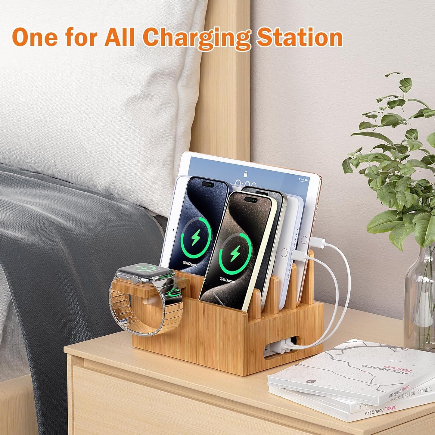 Bamboo Charging Station Rack, Wooden Dock Stand for Cell Phones, Tablets, Smart Watch and Earpod, Multi Charge Organizer Stand, Include Wire Cables