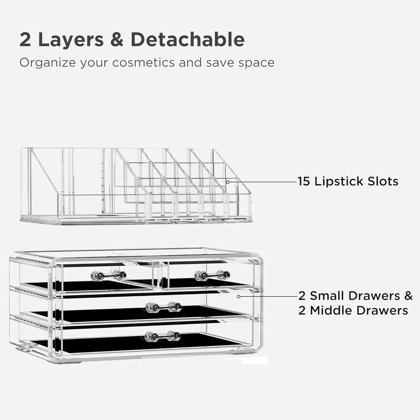 Acrylic Clear Dustproof Makeup Storage Organizer Drawers Large Skin Care Cosmetic Display Cases for Bathroom Stackable Storage Box with 4 Drawers for Vanity (Clear)